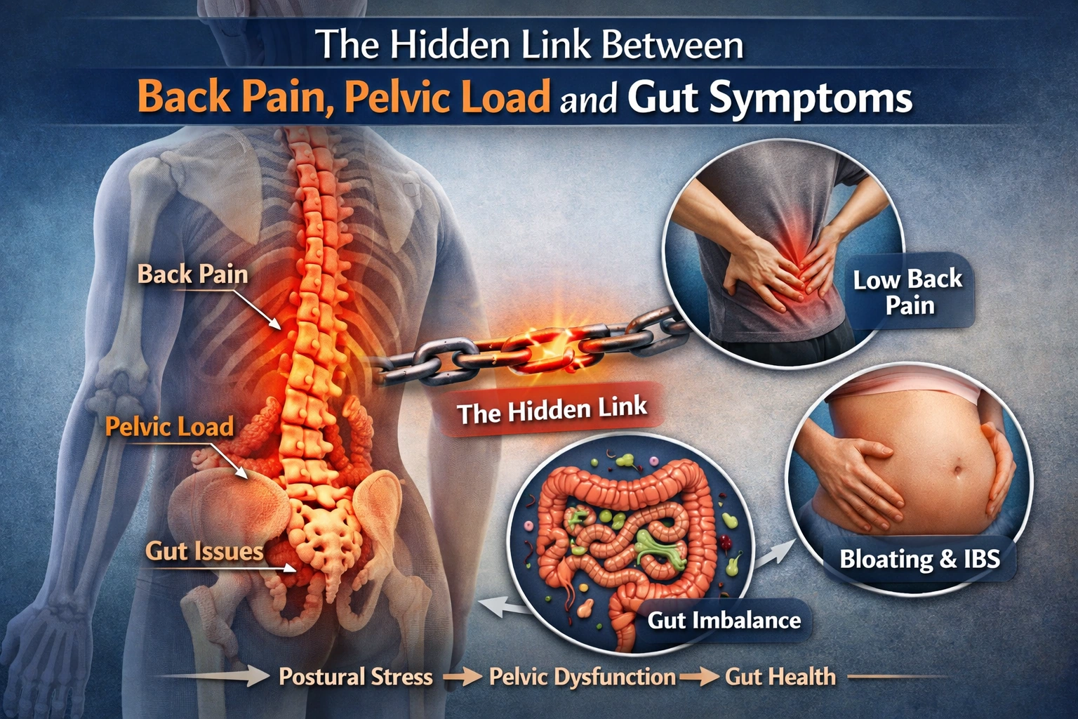 A diagram linking back pain, pelvic load and gut symptoms