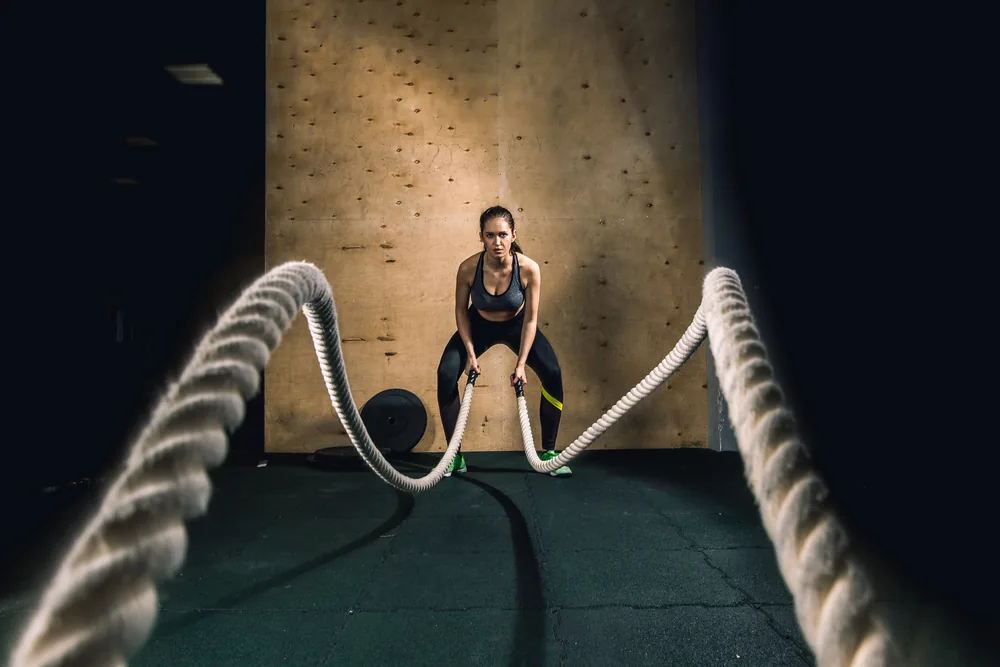 Training ropes in a low-lit gym
